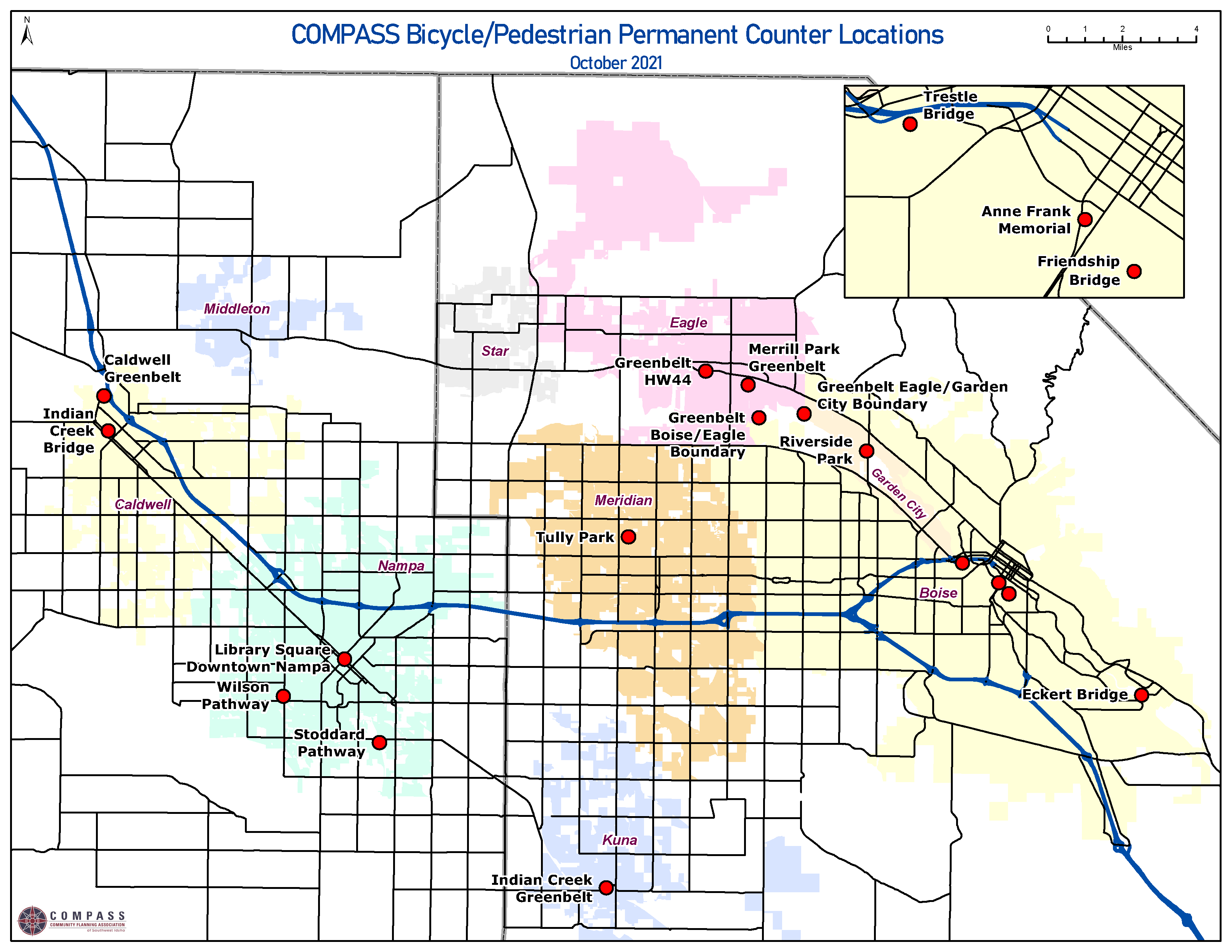 Map of permanent bicycle and pedestrian counters