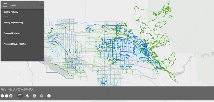 Screenshot of the Bike Walk COMPASS map showing existing and proposed bicycle facilities and pathways in Ada and Canyon Counties